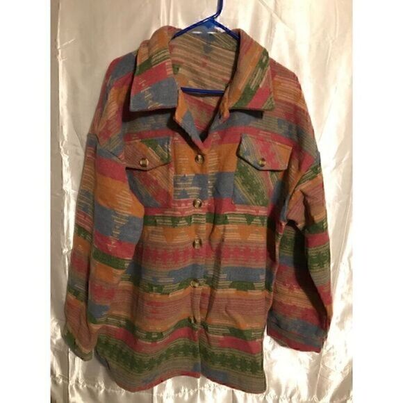 Aztec Western Colorblock Long Shacket Color Block Ethic Button Jacket M - Picture 3 of 7